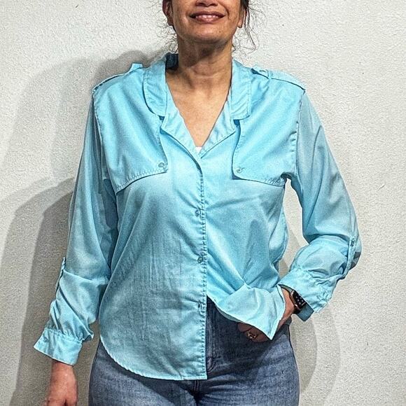 Diane Von Furstenberg Teal Vintage Button Down Shirt Sz 10 - Picture 1 of 12